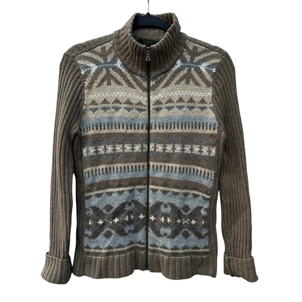 Lauren Ralph Lauren Petite Fair Isle Nordic Lambswool Angora Zip Sweater Small